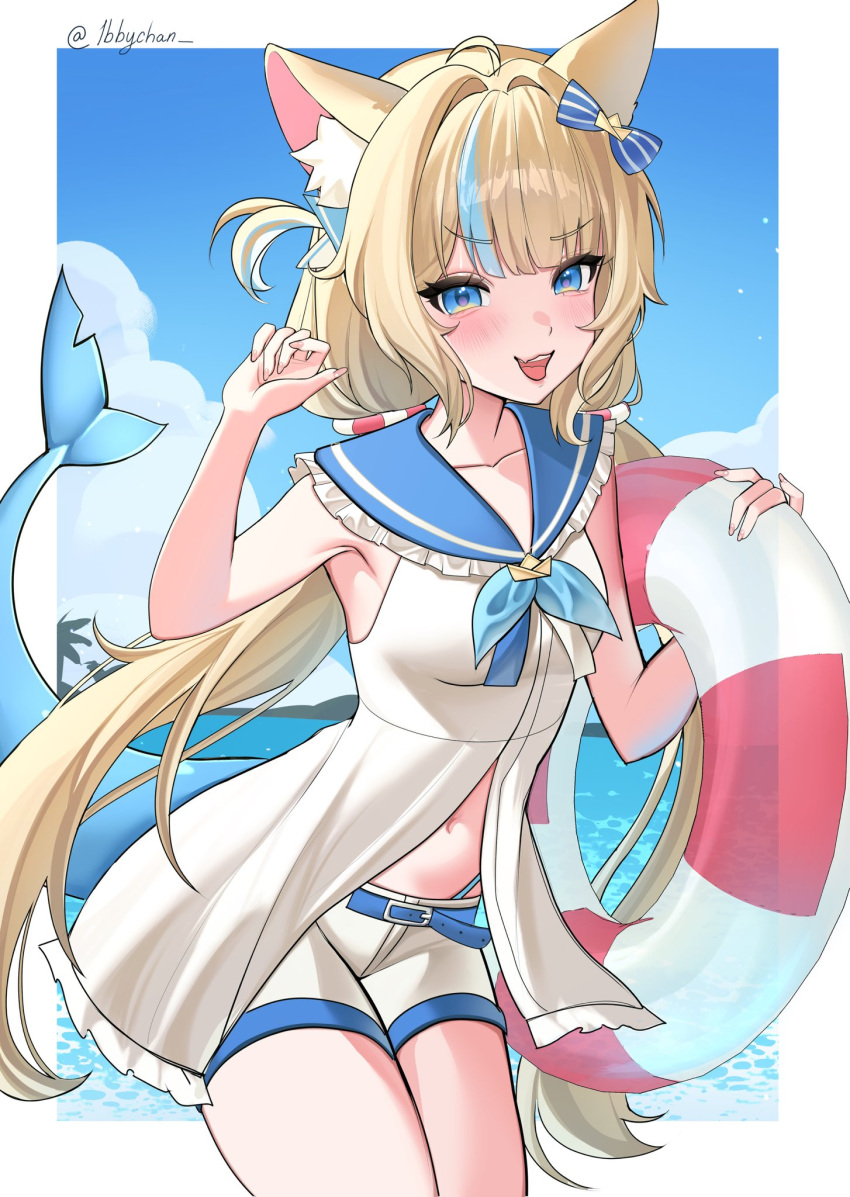 1girl, ahoge, animal_ears, blonde_hair, blue_bow, blue_collar, blue_eyes, blue_hair, blue_sky, bow, cat_ears, clouds, collar, dress, fang, fins, fish_girl, fish_tail, frilled_shirt_collar, frills, hair_bow, highres, holding, holding_swim_ring, ibbychan, indie_virtual_youtuber, lifebuoy_hair_ornament, long_hair, looking_at_viewer, multicolored_hair, one_side_up, open_mouth, sameko_saba, short_shorts, shorts, skin_fang, sky, sleeveless, sleeveless_dress, smile, solo, streaked_hair, swim_ring, tail, very_long_hair, virtual_youtuber, white_dress, white_shorts