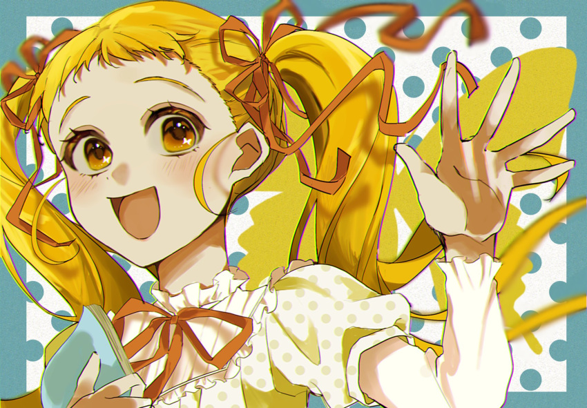 1girl, blonde_hair, blue_border, border, bug, butterfly, collared_shirt, eyelashes, floating_hair, flower_knot, forehead, frilled_shirt_collar, frilled_sleeves, frills, hair_ribbon, hand_up, happy, highres, kasugano_urara_(yes!_precure_5), layered_shirt, layered_sleeves, light_blush, long_hair, long_sleeves, looking_at_viewer, mer_(zo_no_00), neck_ribbon, open_mouth, orange_ribbon, outside_border, palms, polka_dot, polka_dot_background, polka_dot_shirt, precure, puffy_short_sleeves, puffy_sleeves, ribbon, shirt, short_over_long_sleeves, short_sleeves, smile, solo, striped_clothes, striped_shirt, tareme, twintails, upper_body, vertical-striped_clothes, vertical-striped_shirt, waving, white_background, white_shirt, yellow_butterfly, yellow_eyes, yes!_precure_5