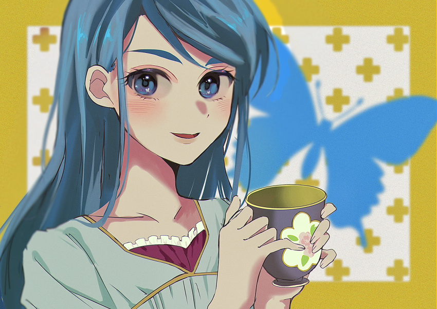 1girl, blue_butterfly, blue_eyes, blue_hair, blue_shirt, border, bug, butterfly