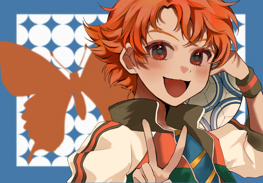1girl, argyle_background, ball, black_jacket, blue_border, blue_shirt, blush, border