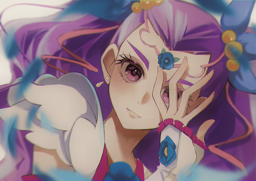 1girl, blue_bow, blue_flower, blue_rose, bow, brooch, circlet, closed_mouth