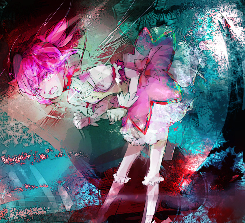abstract, abstract_background, bent_over, choker, clenched_hands, dress, flat_chest, frills