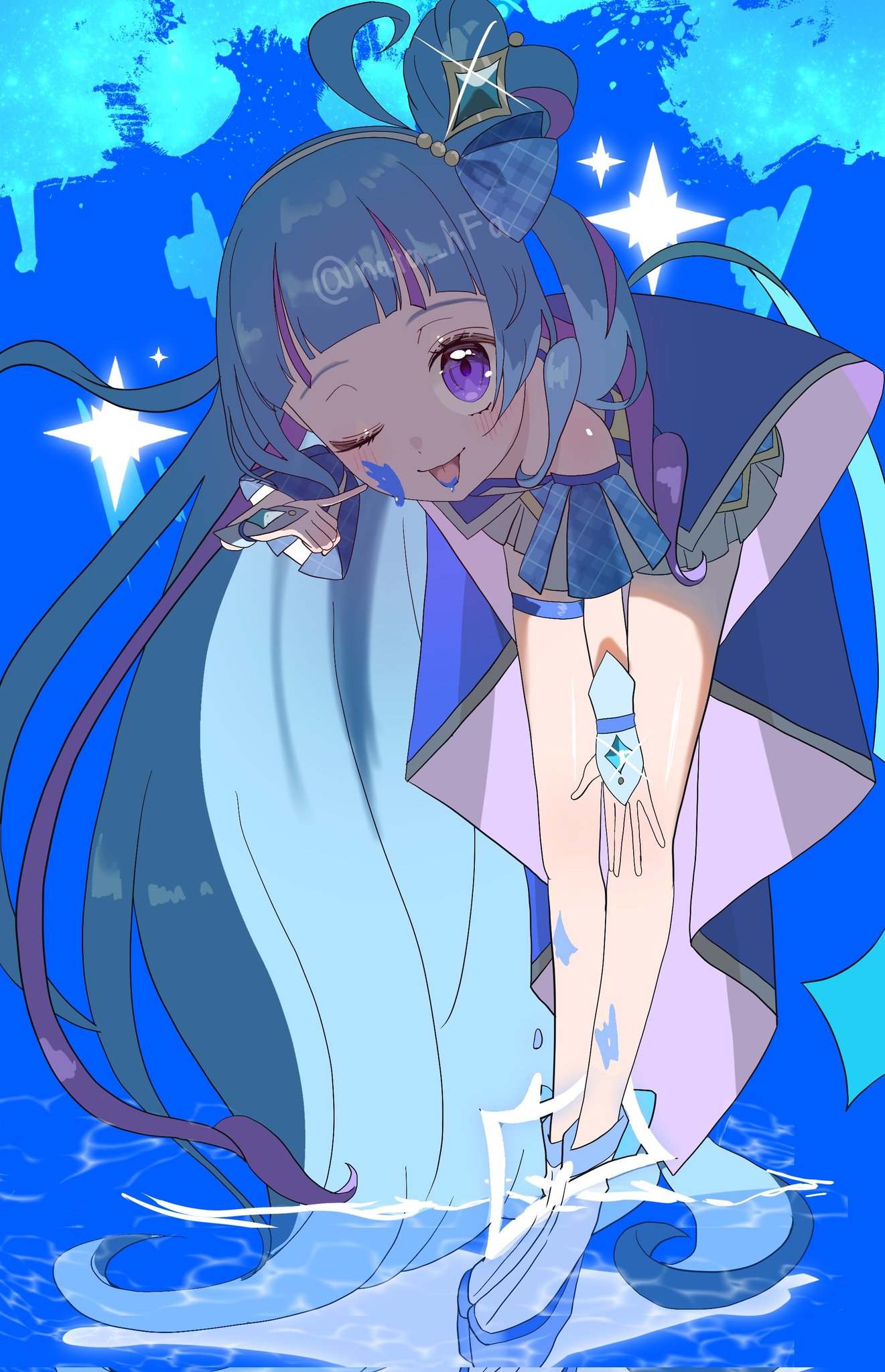 absurdly_long_hair, ahoge, aokaze_nana, bare_legs, bare_shoulders, blue_background, blue_boots, blue_bow