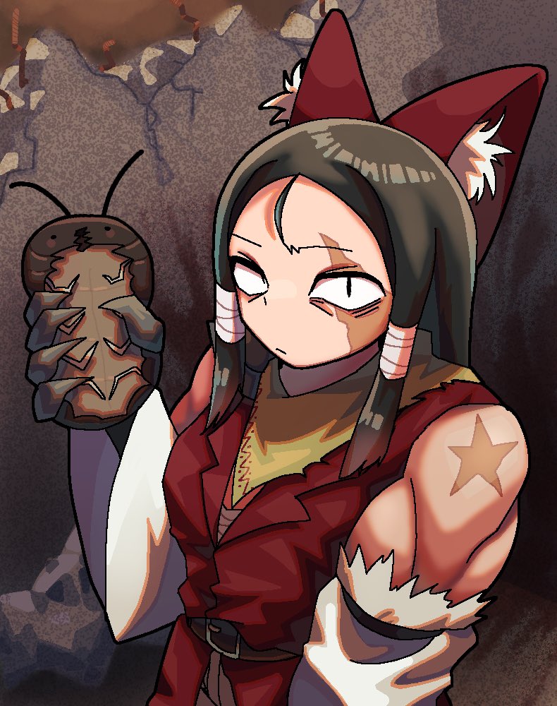 1girl, bandana, belt, big_roach_(cookie), black_hair, bow, brown_belt, bug