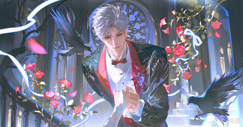 1boy, animal, bird, black_jacket, bow, bowtie, collar, collared_jacket