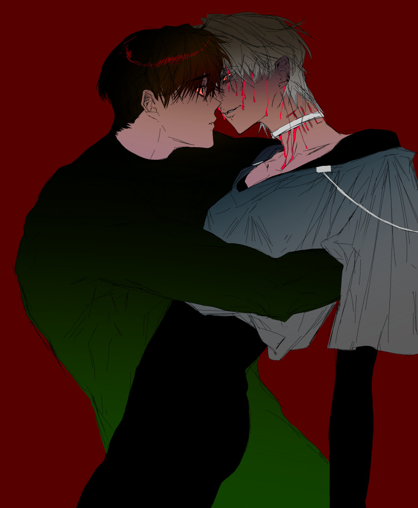 2boys, absurdres, alien_stage, arm_around_chest, black_bodysuit, blood, blood_on_face, blood_on_neck, bodysuit, choker, grey_hair, grey_shirt, highres, ivan_(alien_stage), juxing_baicai_gongji_renlei, male_focus, multiple_boys, red_background, shirt, short_hair, simple_background, till_(alien_stage), white_choker