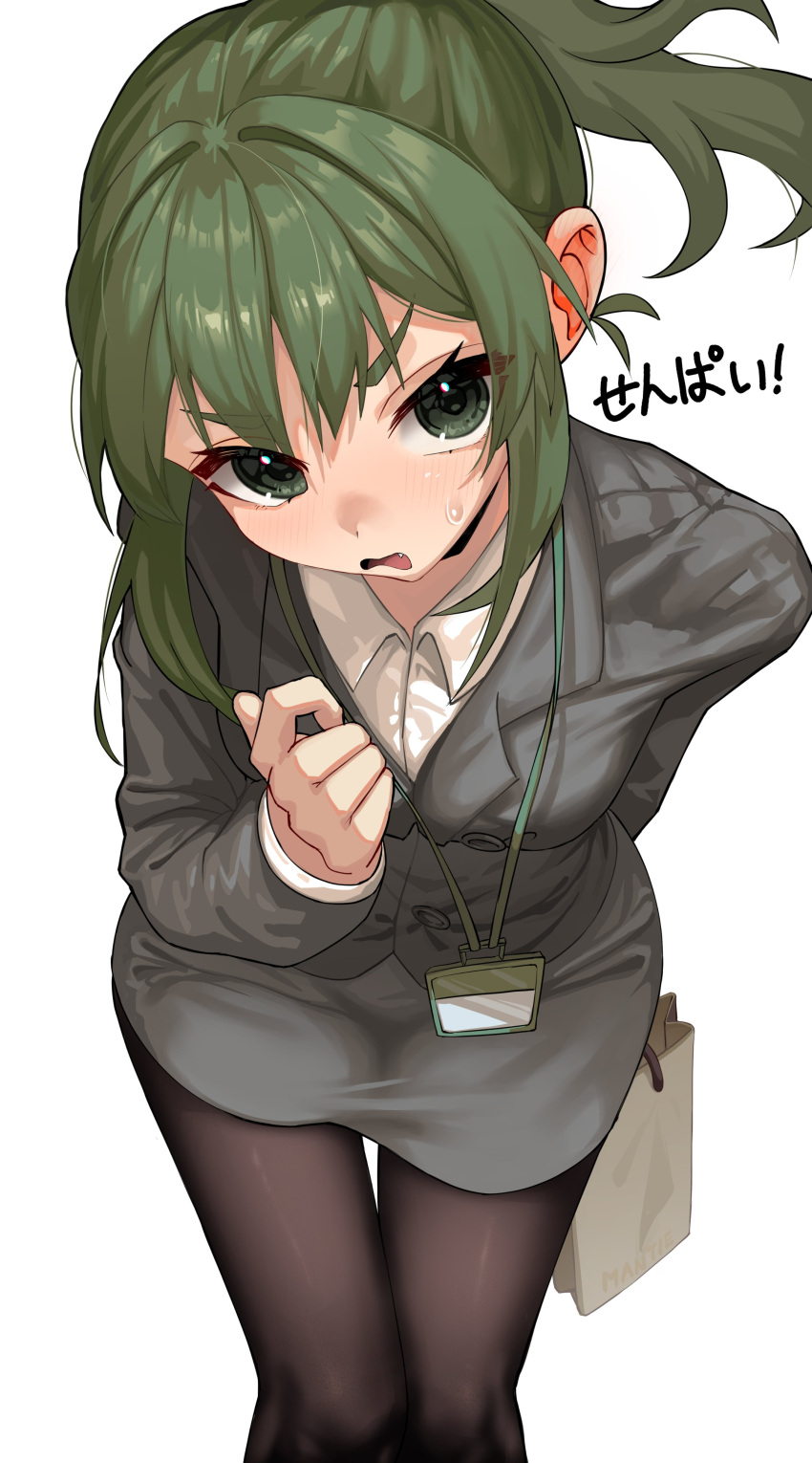 1girl, absurdres, bag, black_pantyhose, breasts, ch1ckpyo, fang, green_eyes