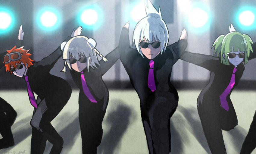 1girl, 2boys, 2girls, arms_behind_back, beatmania_iidx, bemani, black_bodysuit, blonde_hair