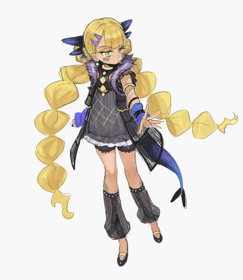 1girl, aged_down, belt, black_shirt, black_shorts, blonde_hair, blue_arm_warmers, body_markings, braid, braided_twintails, clothing_cutout, dark-skinned_female, dark_skin, dragon_girl, dragon_horns, dragon_tail, earrings, facial_mark, fate/grand_order, fate_(series), full_body, gold_armlet, hair_ornament, hairclip, highres, horns, jewelry, lace-trimmed_shorts, lace_trim, leg_warmers, long_hair, outstretched_arm, shirt, shoes, shorts, side_labret_piercing, solo, standing, tail, takustorage, twin_braids, twintails, vritra_(fate), yellow_eyes