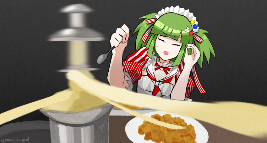 1girl, beatmania_iidx, bemani, blunt_bangs, carrot_hair_ornament, cheese, closed_eyes, commentary_request