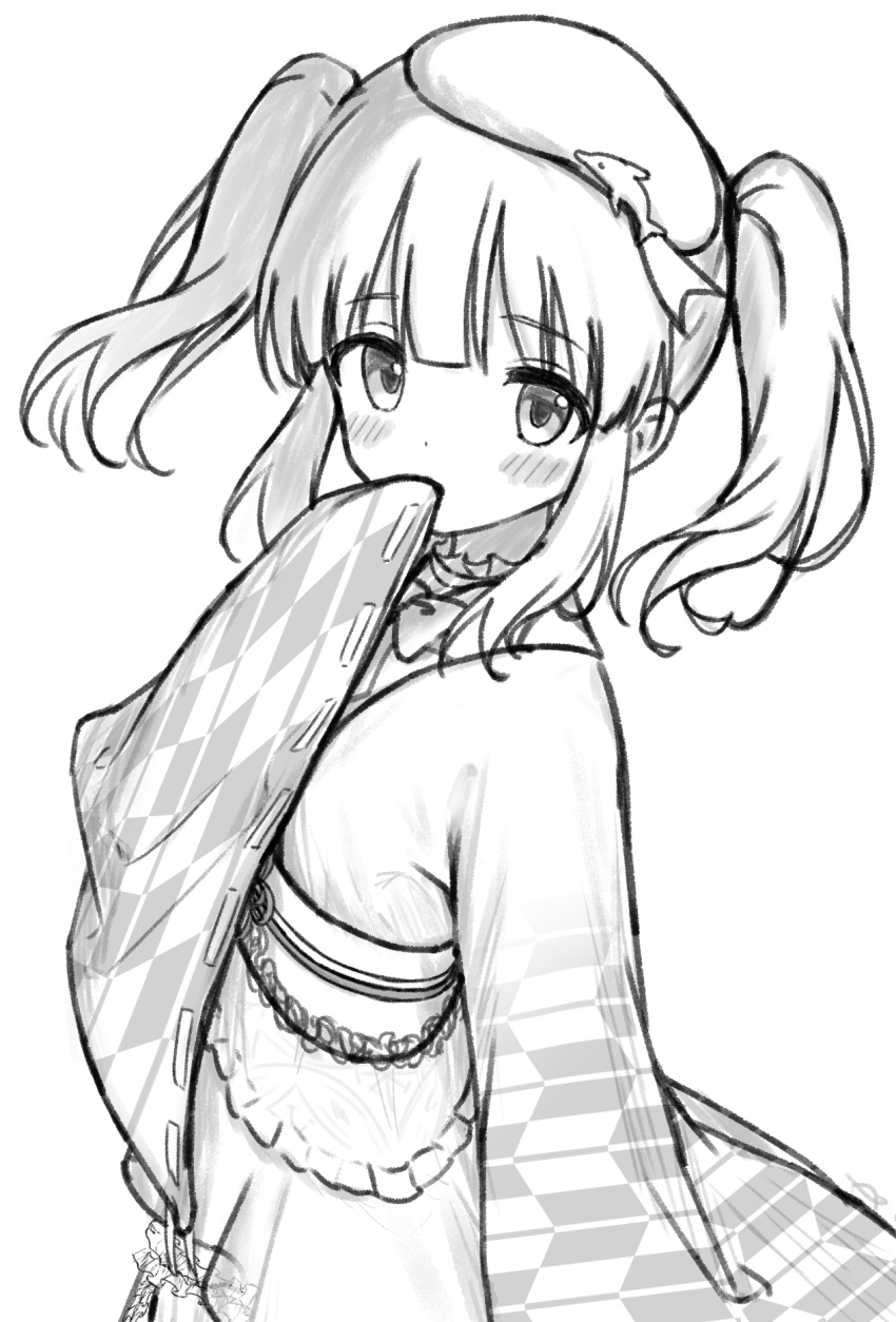 1girl, blush, greyscale, hat, highres, jia_wenyuan, long_sleeves, looking_at_viewer