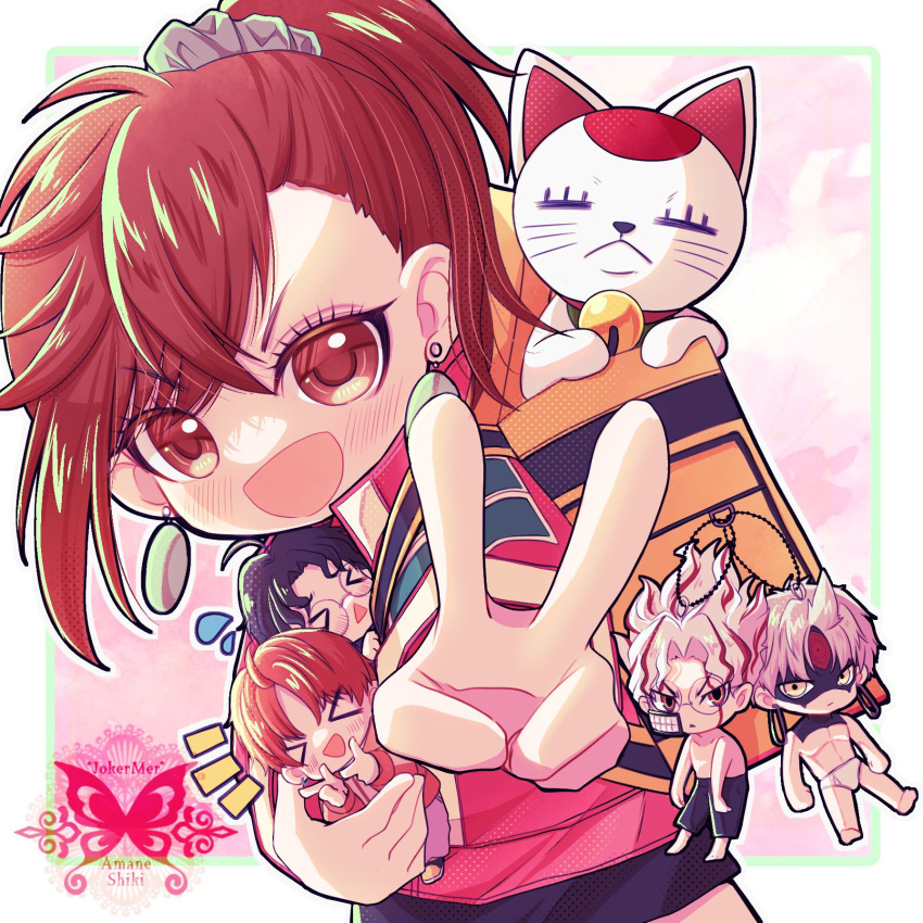 >_<, 2girls, 4boys, ayase_momo, backpack, bag, bell, black_hair
