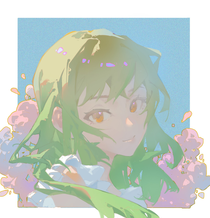 1girl, absurdres, blue_background, border, chinese_commentary, choppy_bangs, closed_mouth, commentary_request