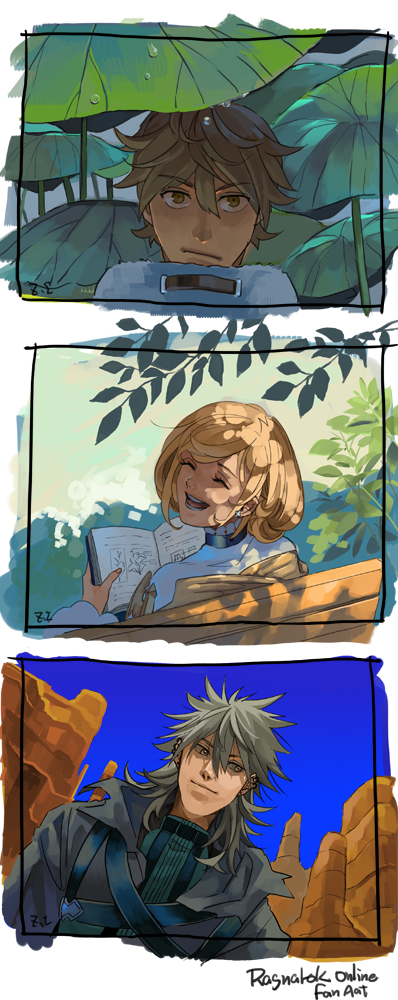 1girl, 2boys, bench, blonde_hair, book, brown_eyes, brown_hair, bush