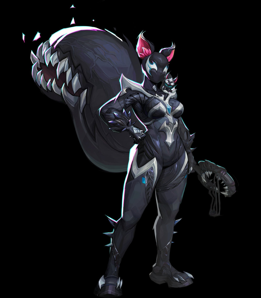 1girl, animal_ears, arm_spikes, bodysuit, full_body, highres, large_tail, marvel