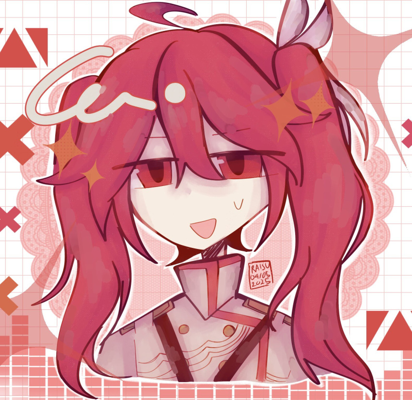 ahoge, artist_name, bow, buttons, cross, double-breasted, double-parted_bangs, grey_jacket, hair_between_eyes, hair_bow, hair_ornament, hair_ribbon, highres, jacket, kasane_teto, kasane_teto_(sv), no_nose, open_mouth, outline, patterned, pink_eyes, pink_hair, raisutea, red_background, ribbon, signature, simple_background, star_(symbol), sweatdrop, synthesizer_v, triangle, turtleneck, turtleneck_jacket, twintails, vocaloid, white_background, white_outline, white_ribbon