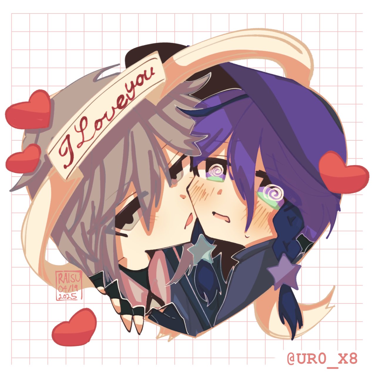 1boy, 1girl, @_@, artist_name, blue_capelet, blue_jacket, blue_shirt, blush
