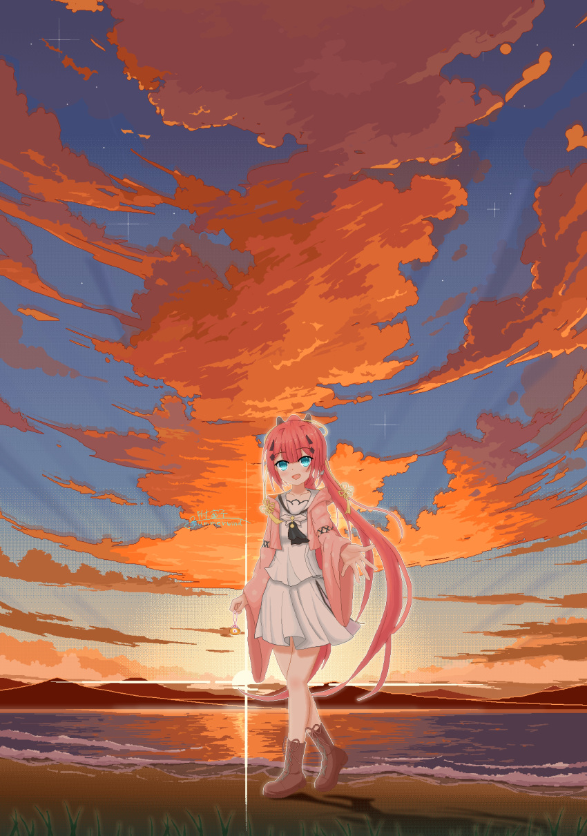 1girl, :d, absurdres, amulet, aqua_eyes, artist_name, ascot, backlighting
