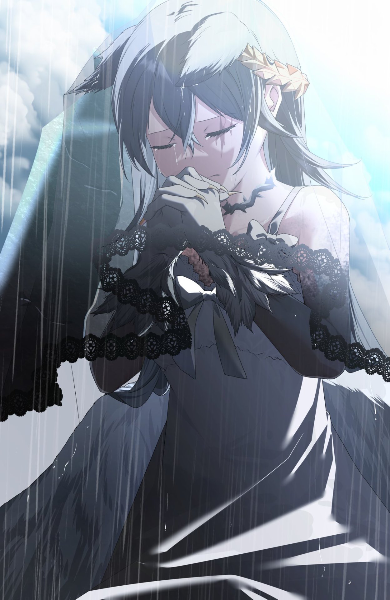 1girl, animal_ears, black_dress, black_ribbon, black_veil, black_wings, cat_ears, cat_girl