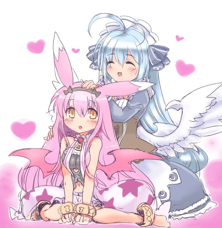 2girls, ahoge, ajitarou_(setsu), animal_ears, bare_shoulders, bat_wings, black_dress, black_ribbon