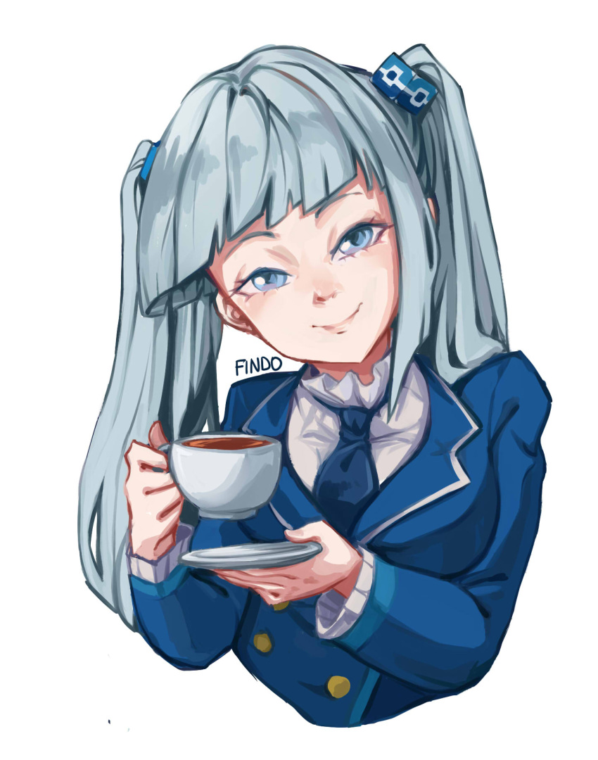 1girl, blue_eyes, blue_necktie, blunt_bangs, breasts, closed_mouth, cup, findoworld