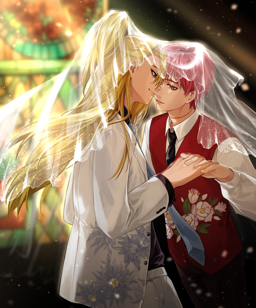 2boys, absurdres, belt, black_necktie, blonde_hair, blue_necktie, bridal_veil, collared_shirt