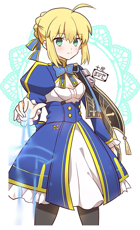 1girl, ahoge, artoria_pendragon_(fate), blonde_hair, blue_dress, braid, braided_bun, dress