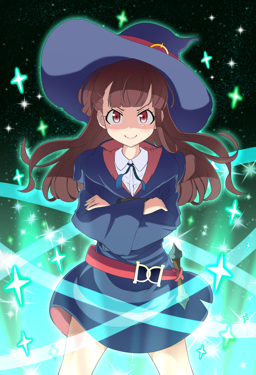 1girl, absurdres, blue_dress, blue_hat, blunt_bangs, brown_hair, commentary_request, crossed_arms, determined, dress, green_aura, green_background, gunbuster_pose, hat, highres, kagari_atsuko, little_witch_academia, long_hair, looking_at_viewer, luna_nova_school_uniform, nanamira_bi, red_eyes, school_uniform, smile, solo, sparkle, witch_hat