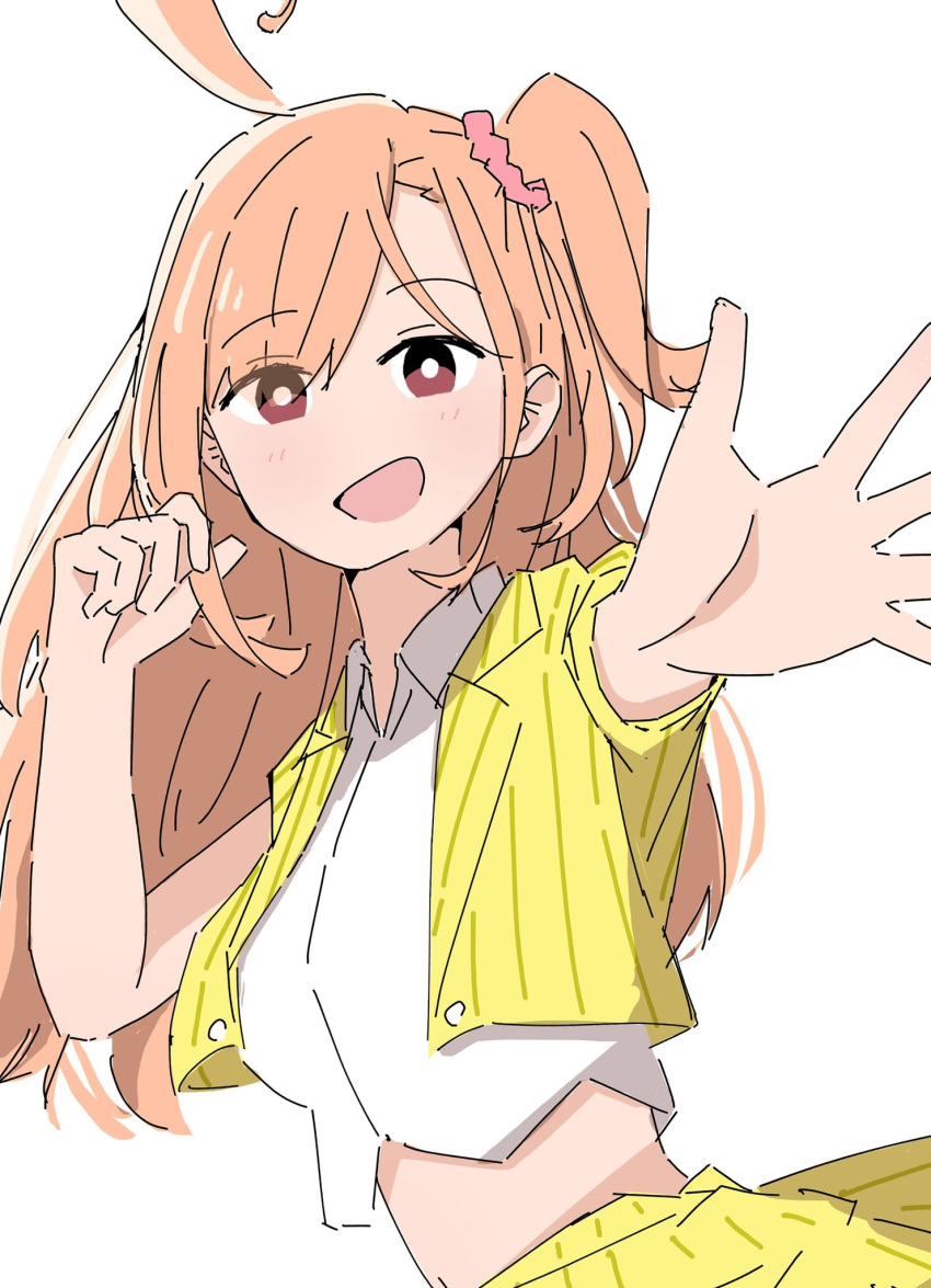 1girl, :d, ahoge, blush, commentary, cropped_shirt, hair_ornament, hair_scrunchie