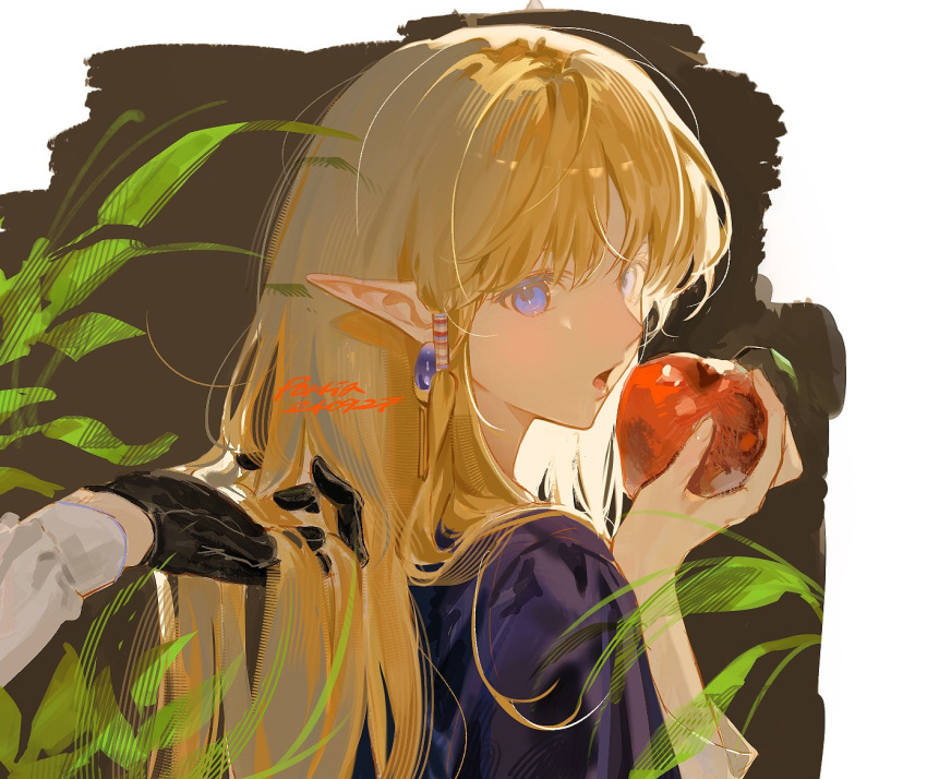 1girl, apple, blonde_hair, blue_eyes, earrings, food, fruit, gloves, holding, holding_food, holding_fruit, ih2bb2thks76016, jewelry, leaf, looking_at_viewer, mabinogi, portia_(mabinogi), pov, pov_hands