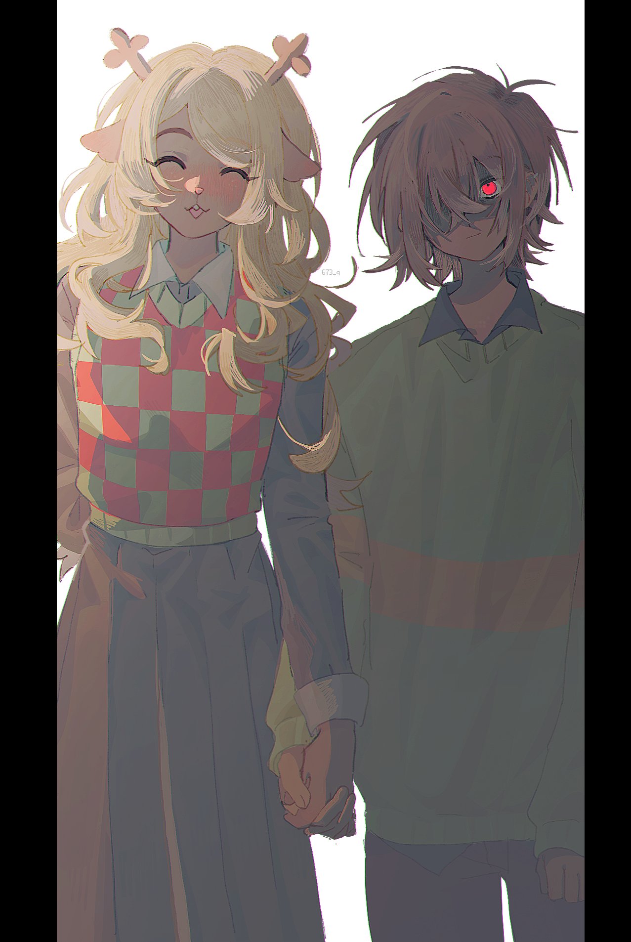 1girl, 1other, 673_q, animal_ears, antlers, arm_behind_back, black_dress, black_shirt, blonde_hair, checkered_sweater, collared_shirt, commentary, crossed_bangs, deer_antlers, deer_ears, deer_girl, deltarune, dress, furry, furry_female, green_sweater, hair_over_one_eye, hashtag-only_commentary, highres, holding_hands, horns, kris_(deltarune), long_dress, long_hair, long_sleeves, noelle_holiday, pillarboxed, red_eyes, shirt, sweater