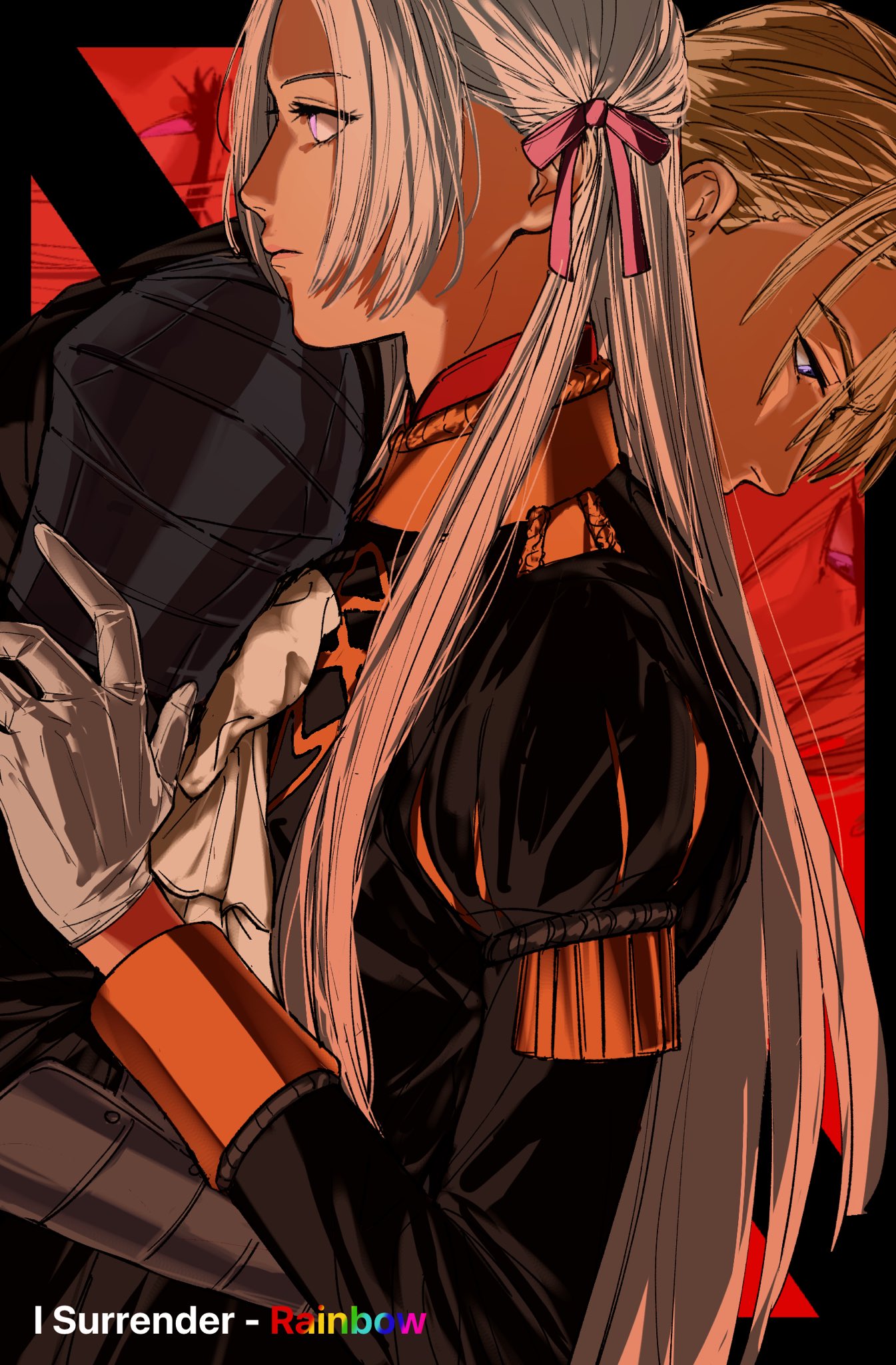 1boy, 1girl, amikoiiko, armor, ascot, black_background, black_hair, blonde_hair, blue_eyes, closed_mouth, collar, collared_shirt, dimitri_alexandre_blaiddyd, edelgard_von_hresvelg, english_text, fire_emblem, fire_emblem:_three_houses, fringe_trim, garreg_mach_monastery_uniform, gauntlets, gloves, group_name, hair_ribbon, hand_on_another's_arm, hand_on_another's_waist, highres, hug, long_hair, long_sleeves, looking_down, pink_lips, profile, puff_and_slash_sleeves, puffy_sleeves, purple_ribbon, rainbow_(band), rainbow_text, red_background, red_collar, ribbon, shirt, short_hair, shoulder_armor, shoulder_boards, song_name, upper_body, violet_eyes, white_ascot, white_gloves, white_hair, yellow_collar, yellow_sleeve_cuffs, zig-zag_pattern, zoom_layer