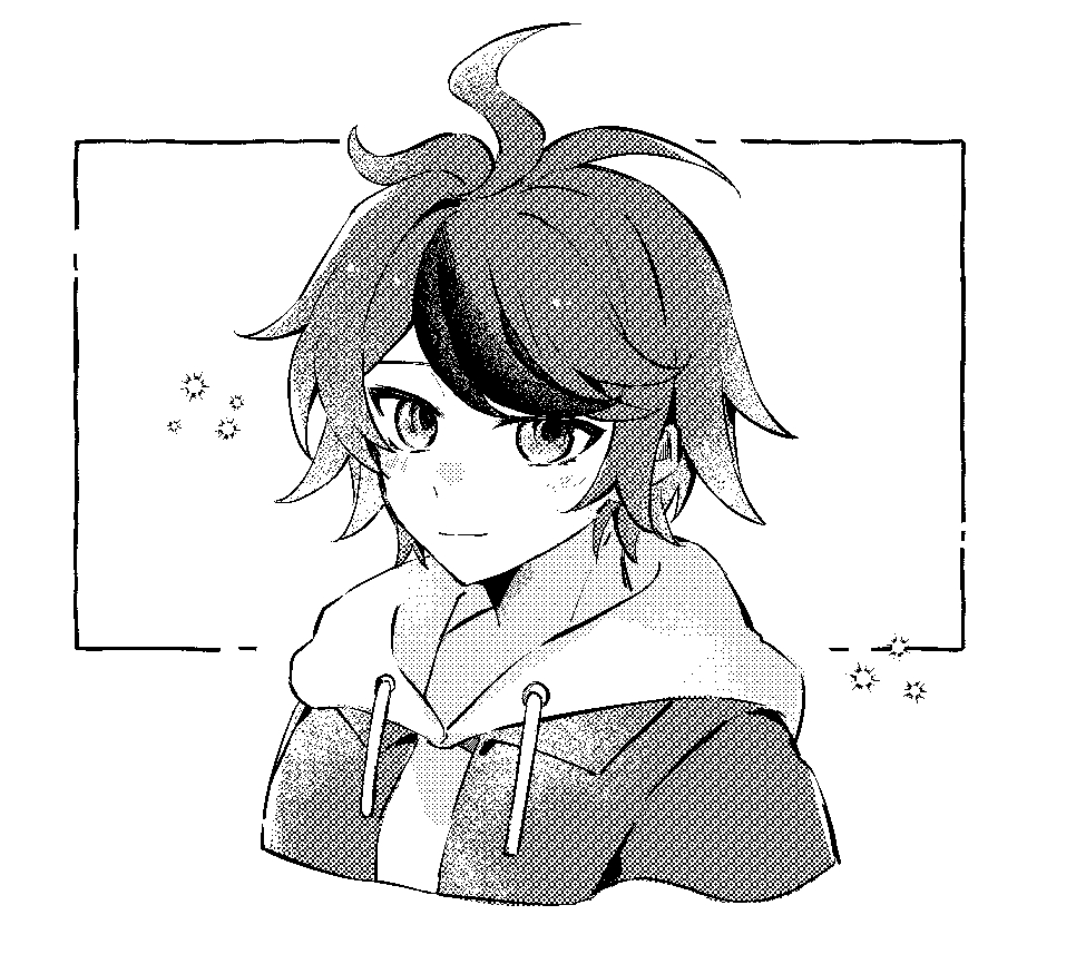 1boy, ahoge, asako_(pixiv_5702576), commentary, cropped_torso, dithering, greyscale, hood