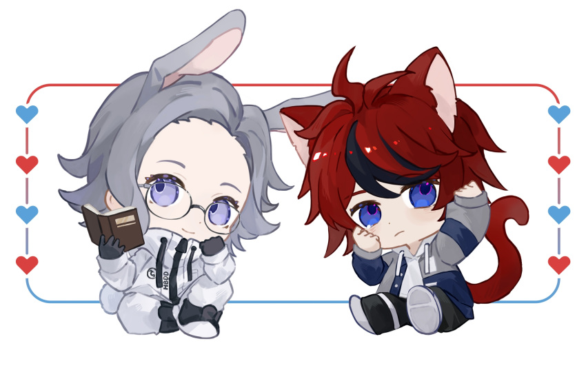 2boys, ahoge, animal_ears, aotsuki_eito, asako_(pixiv_5702576), black_gloves, black_hair, black_shoes