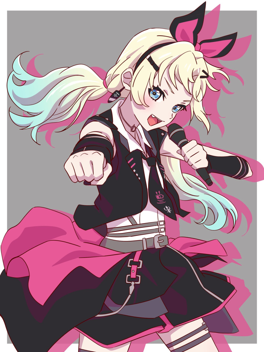 1girl, :d, black_jacket, black_necktie, black_skirt, blonde_hair, blue_eyes, blue_hair