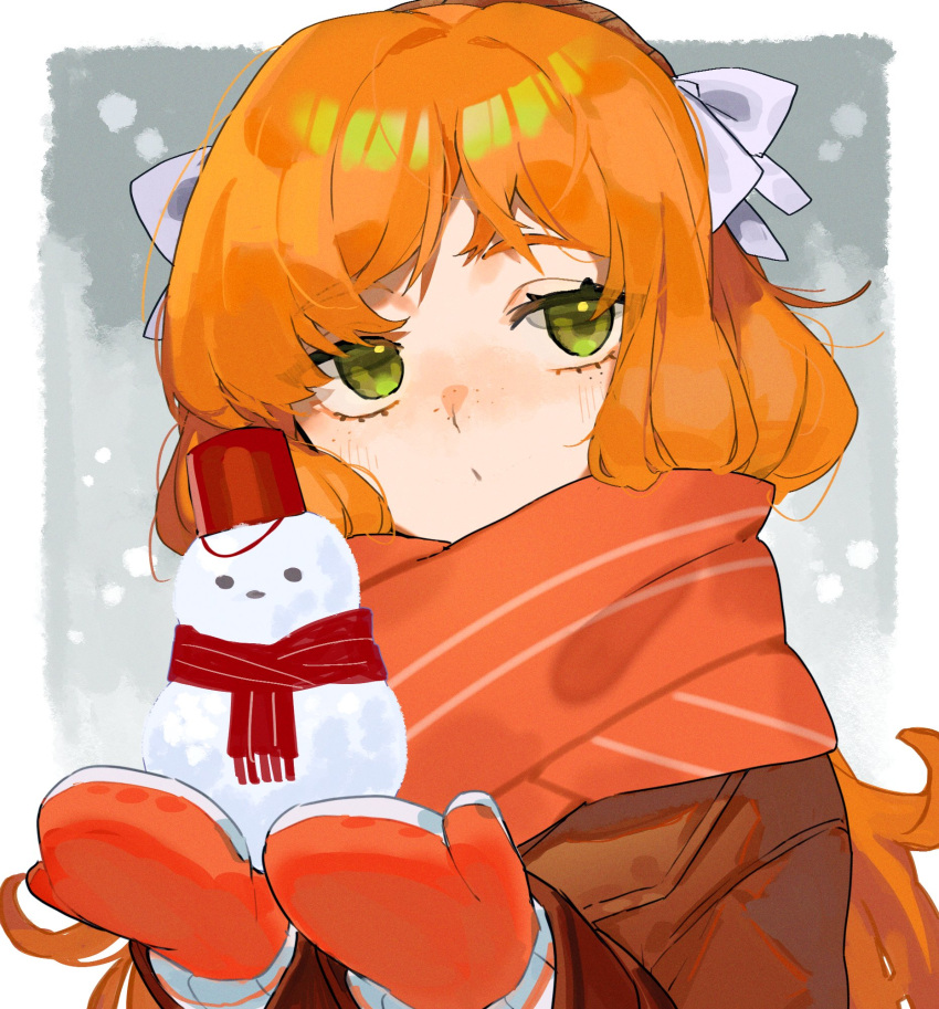 1girl, alternate_costume, border, bow, brown_coat, brown_hairband, coat, freckles, green_eyes, grey_background, hair_bow, hairband, hamelon310, highres, ishmael_(project_moon), limbus_company, long_hair, looking_at_viewer, mittens, orange_hair, project_moon, red_mittens, red_scarf, scarf, simple_background, snowman, solo, upper_body, white_border, white_bow