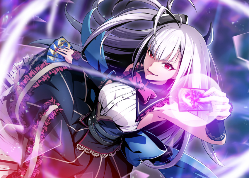 1girl, ahoge, armpits, bare_shoulders, belt, black_belt, black_skirt, blurry, blurry_background, bow, bowtie, breasts, card, duel_masters, duel_masters_play's, elbow_gloves, frilled_skirt, frills, from_above, gloves, gradient_background, grey_hair, highres, holding, holding_card, long_hair, looking_at_viewer, looking_up, luca_(duel_masters), one_side_up, open_mouth, red_bow, red_bowtie, red_eyes, shirt, skirt, sleeveless, sleeveless_shirt, so-on, solo, trading_card, white_shirt