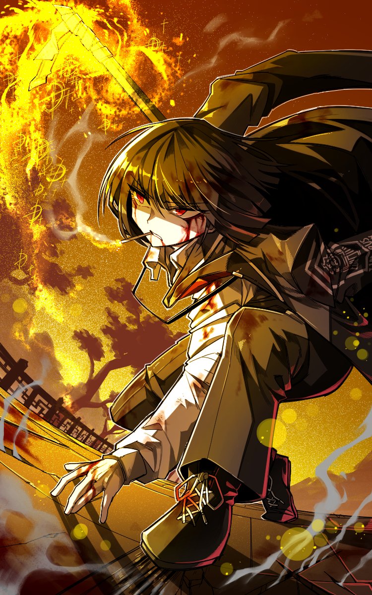 1girl, black_hair, black_pants, black_shoes, blood, blood_on_clothes, blood_on_face, blood_on_hands