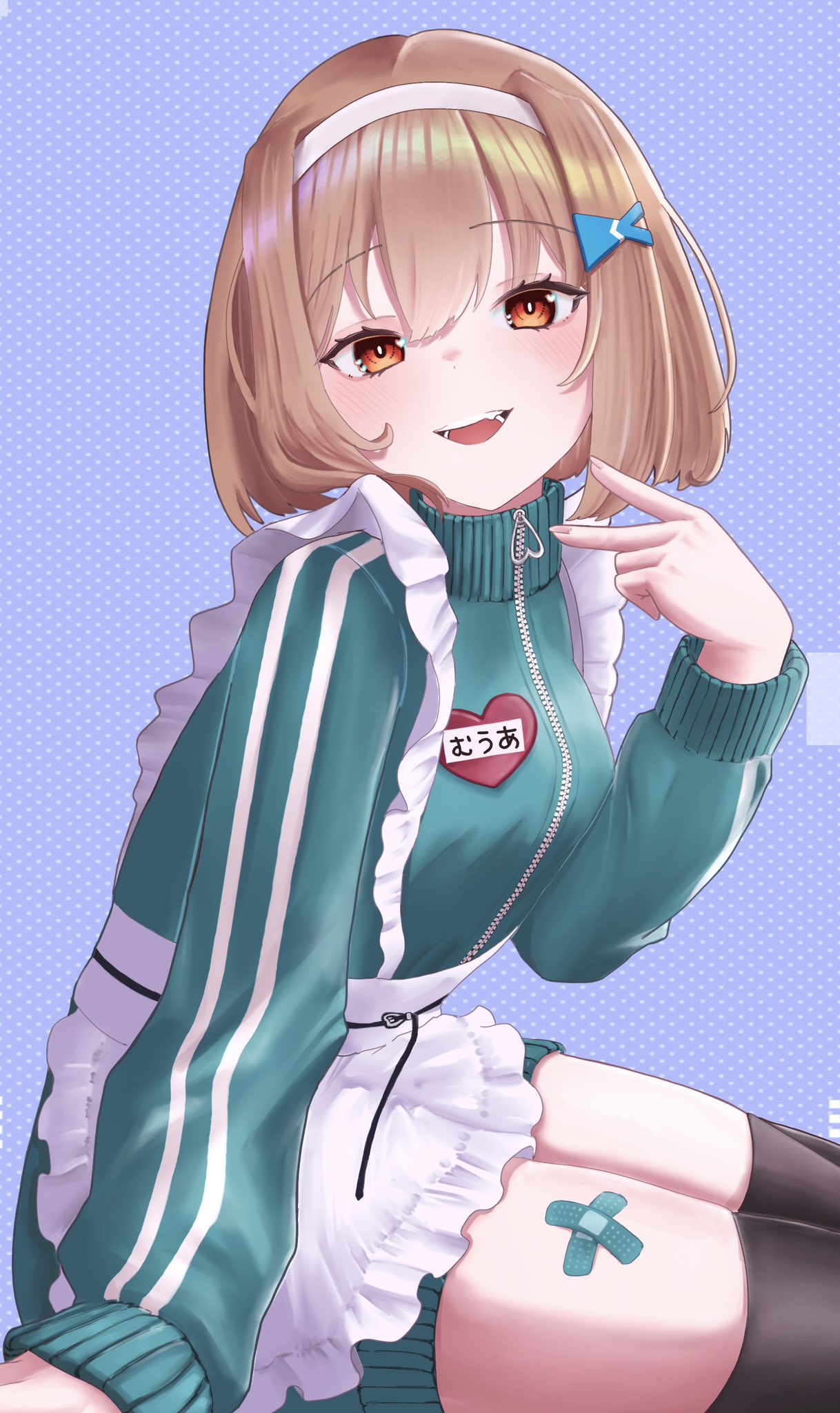 apron, breasts, brown_hair, fish_hair_ornament, frilled_apron, frills, hair_ornament, hairband
