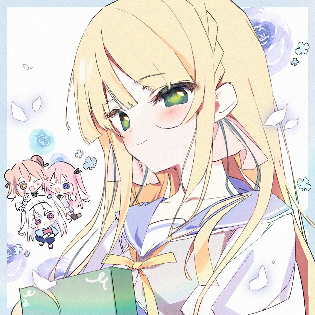>_o, 4girls, :t, blonde_hair, blue_border, blush, book, border