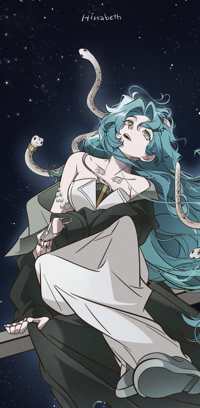 1girl, absurdres, bare_shoulders, black_coat, blue_hair, character_name, coat, dress