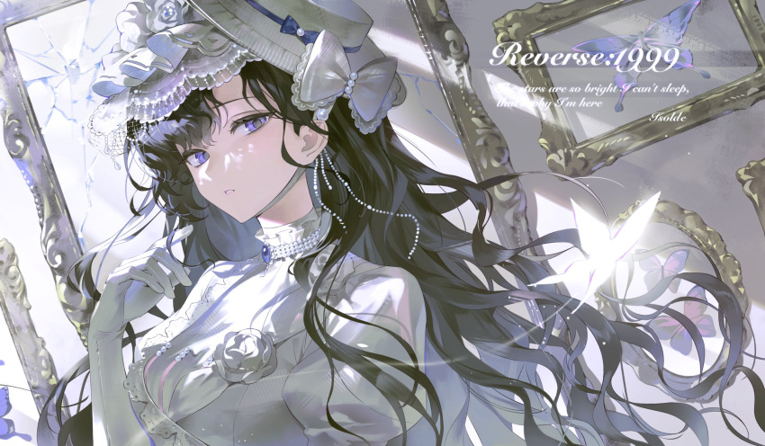 1girl, black_hair, character_request, copyright_name, dress, english_text, gloves, hat