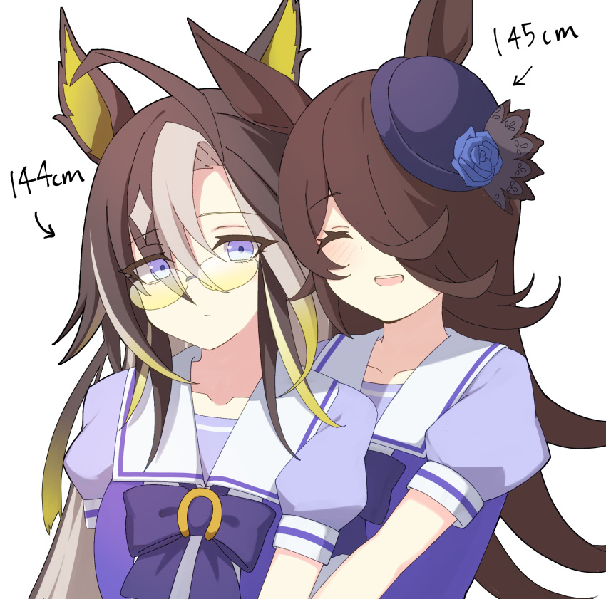 2girls, ahoge, animal_ears, arrow_(symbol), astroglia_cyte, black_hair, blue_flower, blue_hat