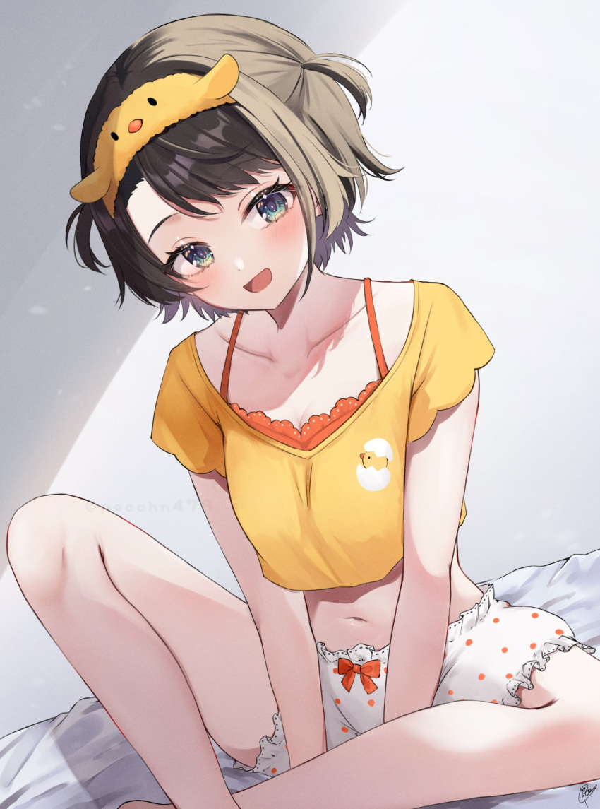 1girl, aqua_eyes, bed, bloomers, brown_hair, camisole, collarbone, crop_top