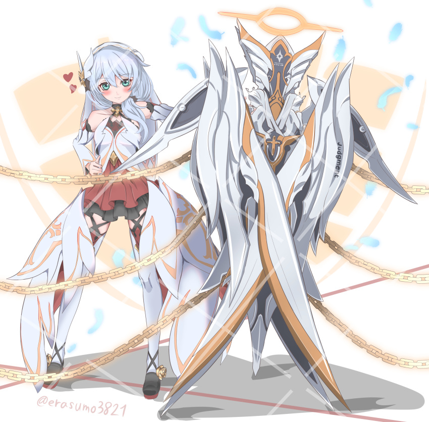 1girl, absurdres, bare_shoulders, blue_eyes, blush, closed_mouth, cross_(weapon), detached_sleeves, dress, erasumo3821, feathers, full_body, hair_ornament, hand_on_own_hip, heart, highres, honkai_(series), honkai_impact_3rd, long_hair, looking_at_viewer, shadow, side_ponytail, solo, standing, theresa_apocalypse, theresa_apocalypse_(celestial_hymn), thigh-highs, veil, white_background, white_dress, white_hair, white_sleeves, white_thighhighs
