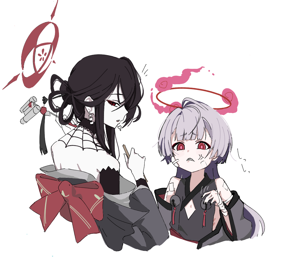 2girls, anger_vein, back, bandaid, black_hair, black_kimono, blue_archive, blunt_bangs