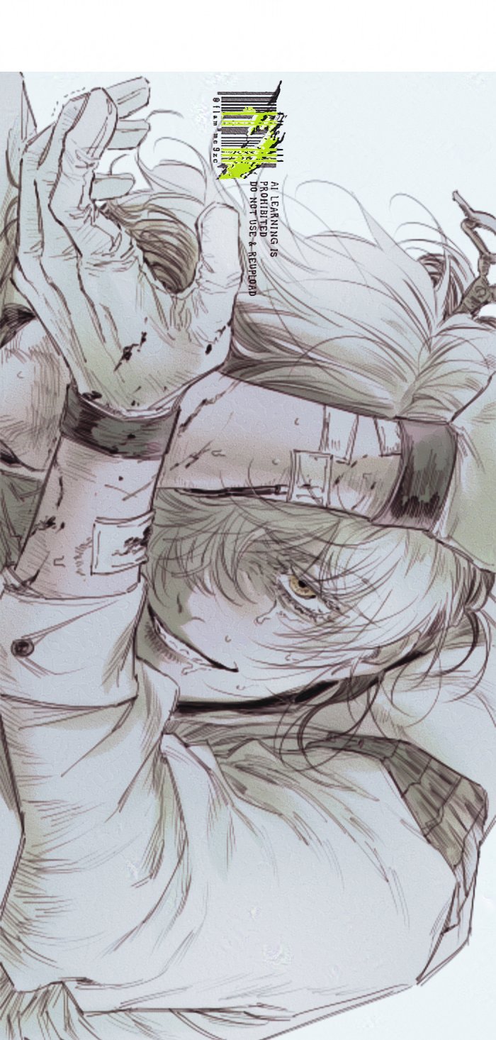 1other, arms_up, coat, crazy_smile, drooling, gauze_on_arm, gloves, grin