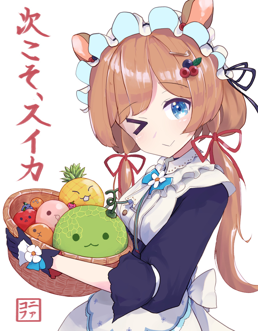 >_o, 1girl, apron, ascot, back_bow, basket, blue_eyes, bow