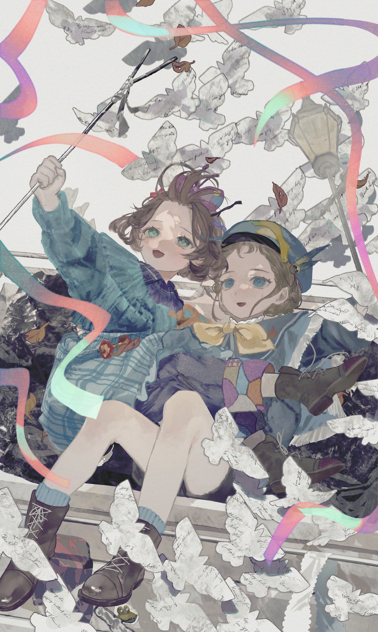 2girls, :d, ankle_boots, bangs_blown_up, beret, bird, blue_bow, blue_dress