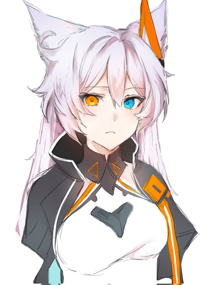 1girl, animal_ears, black_jacket, blue_eyes, cat_ears, cat_girl, closed_mouth, commentary_request, corrupted_twitter_file, frown, fuahina, hair_between_eyes, heterochromia, highres, honkai_(series), honkai_impact_3rd, jacket, kiana_kaslana, kiana_kaslana_(void_drifter), long_hair, shirt, simple_background, solo, upper_body, white_background, white_hair, white_shirt, yellow_eyes